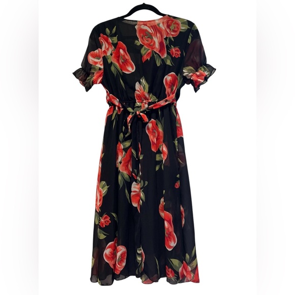 YUNA Red & Black Short Sleeve Midi  Dress With Belt Women's Size L NWT Defect - Picture 8 of 10